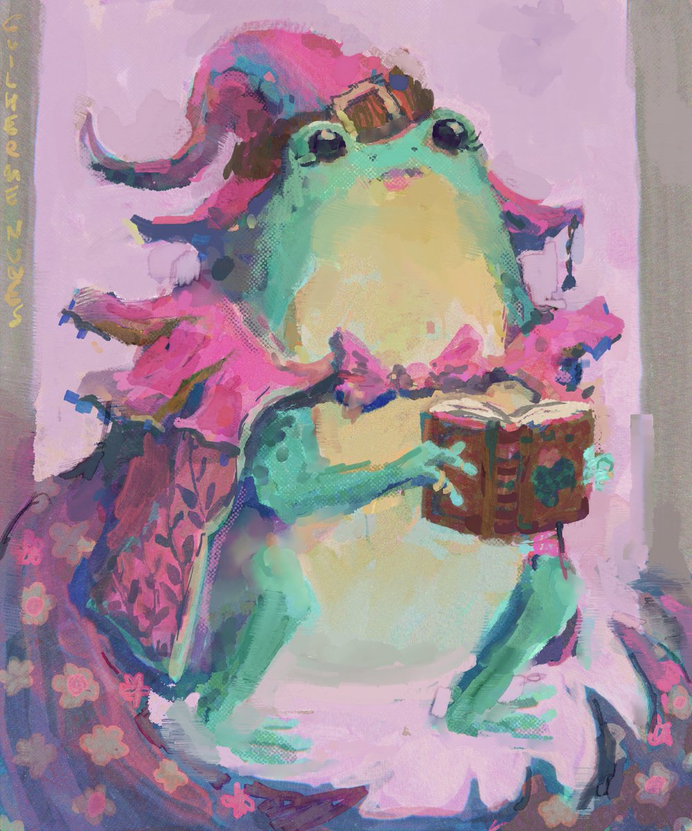 The witch frog, guardian of the book of hidden swamp magic, feels happy to be working with what she loves.