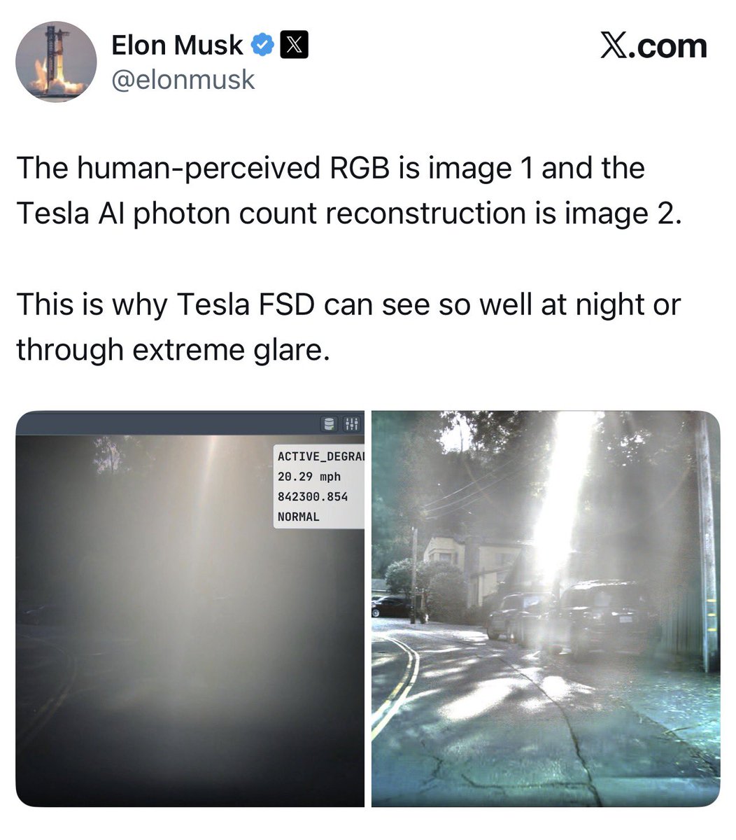 When facing extreme lighting conditions, traditional automotive cameras fail because they are forced to translate raw data into a format meant for human eyes. 

Elon Musk’s side-by-side comparison perfectly illustrates why Tesla abandoned this traditional image processing in