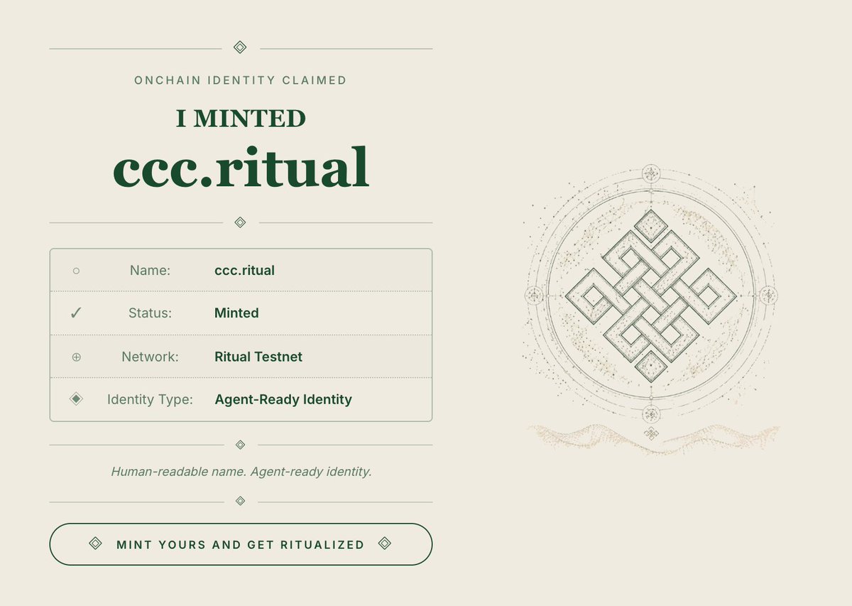 Increaseag90's tweet photo. I just minted ccc.ritual on Ritual Testnet! (❖,❖) @ritualfnd

Get your own on-chain identity → https://t.co/cI5xWsuwmR https://t.co/2Zt52fD5vl