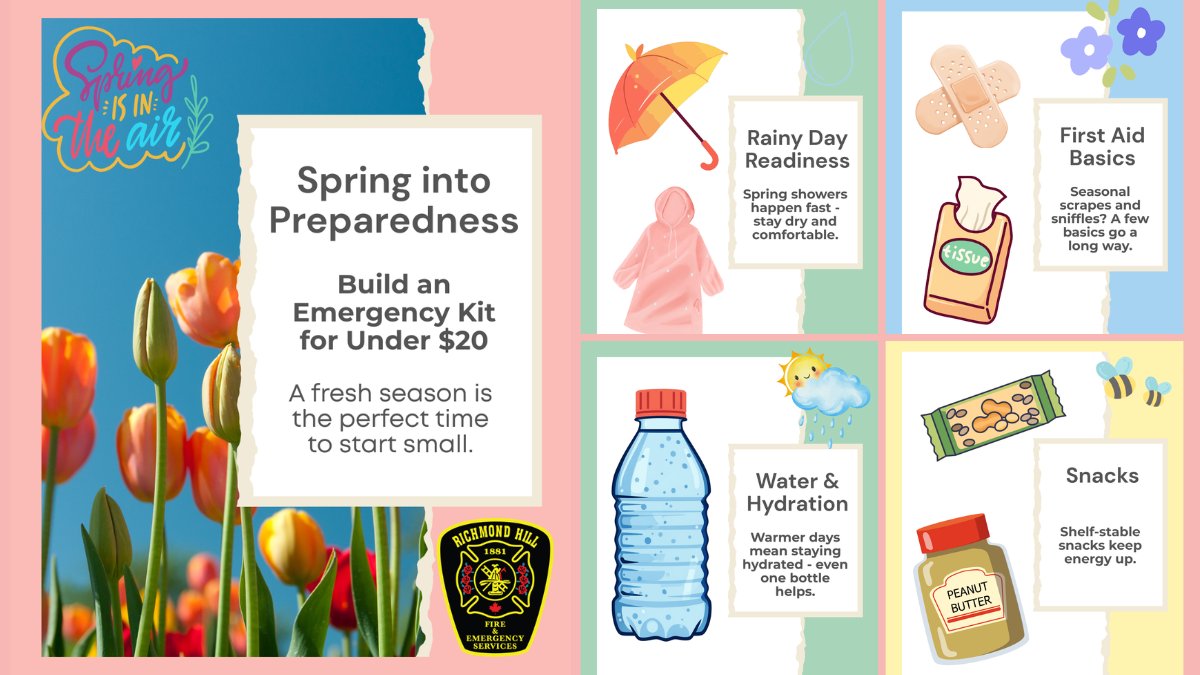 RHFES's tweet photo. Spring weather changes fast. Try the $20 Spring Kit Challenge: add a poncho, tissues, sunscreen, water, and a snack to your kit. Stay dry. Stay ready.

#SpringReady #EmergencyKit #EPWeek2026 #20DollarKitChallenge https://t.co/OHhYm6fwoD
