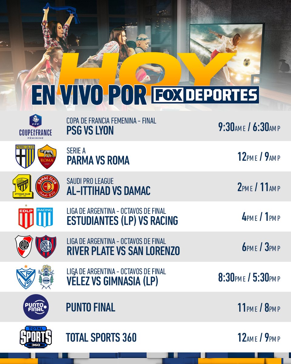 ¡IMPRESIONANTE DOMINGO DE LIGA ARGENTINA Y MUCHO FUTBOL EN FOX DEPORTES! 😁

#CoupeDeFrance 🏆
#SerieAenFOX 🤌
#SPLenFOX 🙌
#ArgentinaEnFOX 🤩😎💪
#PuntoFinal ⚽
#TotalSports 💥