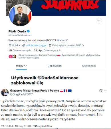 GregParis75017's tweet photo. Niebywale!
- Dostałem bana od pana przewodniczącego NSZZ Solidarność pana Piotra Dudy @DudaSolidarnosc, bo napisałem mu prawdę jak wyglądała kiedyś w dawnych czasach prawdziwa Solidarność i wytłumaczyłem mu, na jakich sposobach działania jest oparta „jego Solidarność”! Podawajcie dalej niech się niesie! Ponizej screen z moim komentarzem. 👇
- Dziękuję! 👊👍