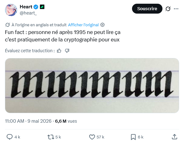 <a href="/heart_/">Heart</a> Fun fact : personne né après 1995 ne peut lire ça.
C’est pratiquement de la cryptographie pour eux.

(Faut quand même chercher un peu, même quand on est né bien avant 1995…)