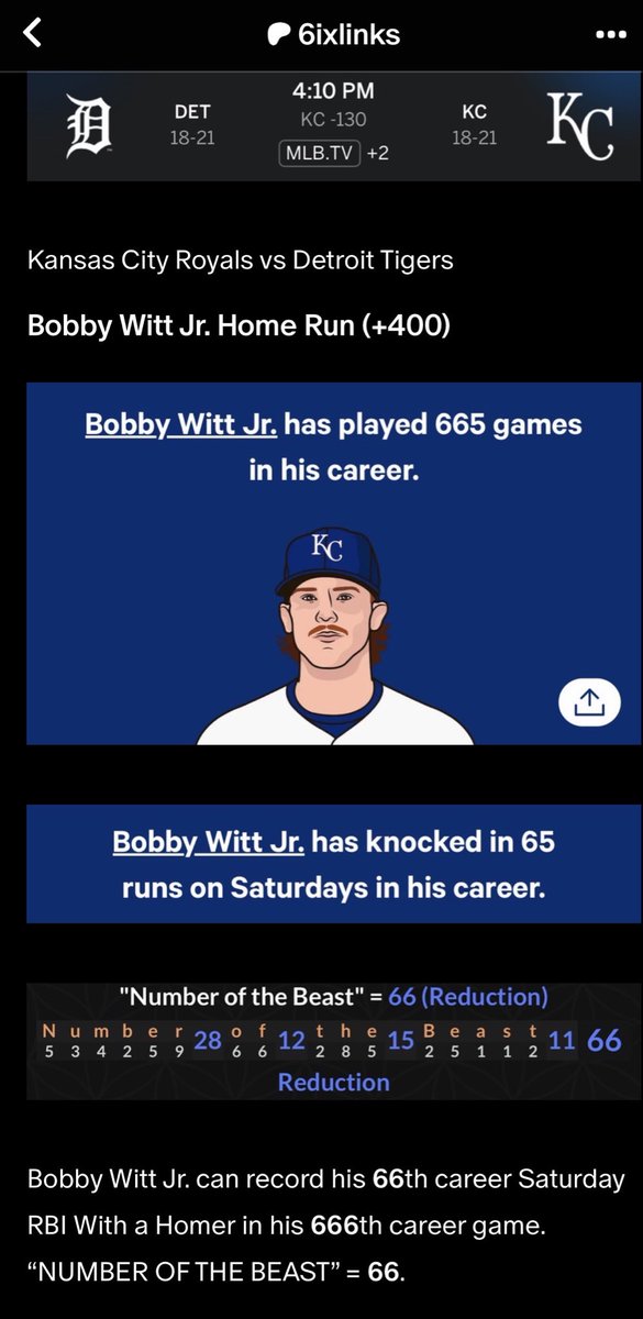 6ixlinks's tweet photo. Bobby Witt Jr. Homers in his 666th game! 

Add him to the list. #GEMATRIA🔥🎷 https://t.co/9yaqnbRPiL