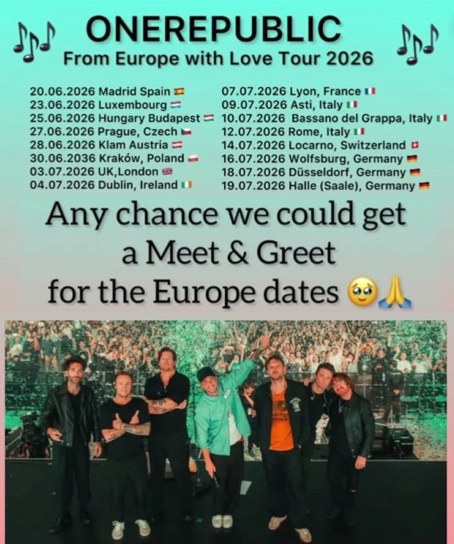 OMGItsHelen86's tweet photo. @Angel_Ayana @Charade_1R @amlie_dubois @rayinzertr_1R @CaitlynJones1R
Updated the dates! e
The
dream remains the same! What do you think, @onerepublic 6g) Any chance we'll get a M&G? #onerepublic #fromeuropewithlove #meetgreet #dream #bestband https://t.co/IcrU5juzWQ