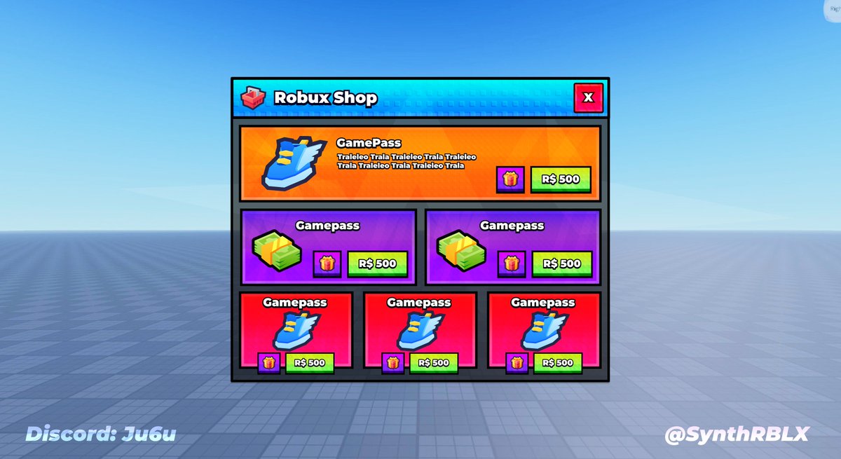 synthuix's tweet photo. 🧞‍♀️Some more Stud UI like that last one.

Comms Open, message me at my discord: Ju6u or
Discord Server: https://t.co/A6wf1WPWjW 

#Roblox #RobloxDev #RobloxUI #RobloxArt #RobloxStud #StudUI #RobloxGFX https://t.co/rCtRdCSrgo