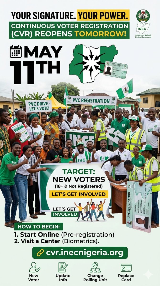 Acemanel's tweet photo. 🚨 PVC DRIVE ALERT 🚨
The talk ends where the ballot begins.  the Continuous Voter Registration (CVR) officially reopens!
Progress isn't a spectator sport—it starts with you.
🔗 Start here: https://t.co/9FoTrv20m9
#PVCDrive #CVR2026 #Nigeria #YourVoteYourVoice #GetInvolved https://t.co/HhIJqrvQ1S