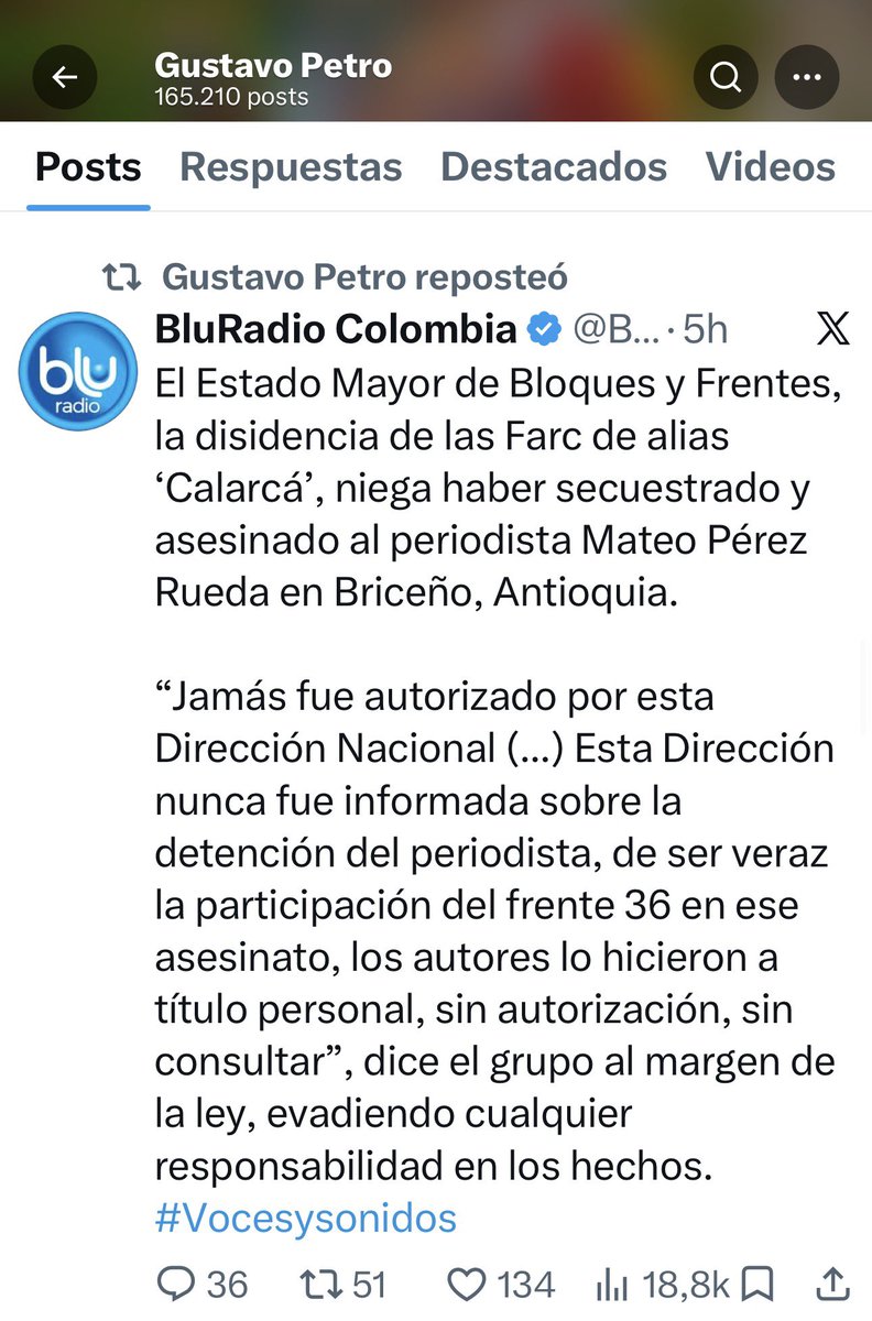 Melquisedec70's tweet photo. Atentos. El Presidente de Colombia convertido en un difusor cómplice de las mentiras de un grupo terrorista.
¿Qué le esconde, qué le debe, qué negocios tiene con alias Calarcá señor @petrogustavo ? 
Esto es una vergüenza mundial. https://t.co/AeOV0amgr7