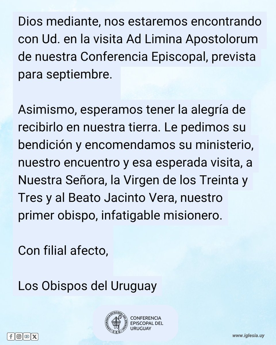 SALUDO DE LOS OBISPOS URUGUAYOS al Papa León XIV en su primer aniversario como Sucesor de Pedro bit.ly/4tzq5Ha