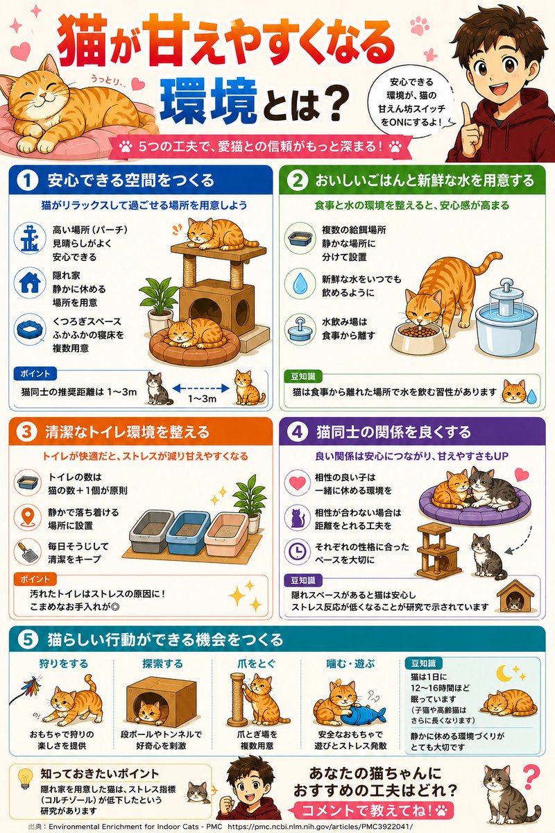 😿甘えない原因かも🐈

猫は性格だけでなく
環境不足で距離を置くこともあります⚠️

隠れ場所不足やトイレ環境で
ストレスにつながる例もあります💦

図解で良い環境をまとめました📚
あとで見返せるよう保存がおすすめです🔖