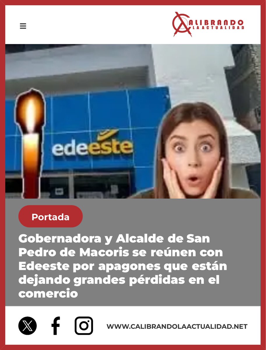 Gobernadora y Alcalde de San Pedro de Macoris se reúnen con Edeeste por apagones que están dejando grandes pérdidas en el comercio calibrandolaactualidad.net/noticias/CA/Go… #calibrandolaactualidad

<a href="/Edeste_RD/">Edeeste </a> <a href="/EdeesteRD/">Edeeste Dominicana</a> <a href="/PresidenciaRD/">Presidencia de la República Dominicana</a> <a href="/Comunicaciondo/">ComunicacionesDO</a> <a href="/JosePaliza/">Jose Paliza</a> <a href="/celsomprp/">Celso Marranzini</a>