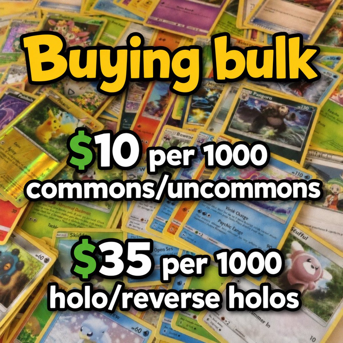 Know anyone looking to sale their bulk Pokemon cards? My rates are below  and I will cover shipping! Tag them below and if a deal is made I will pay  you $10.