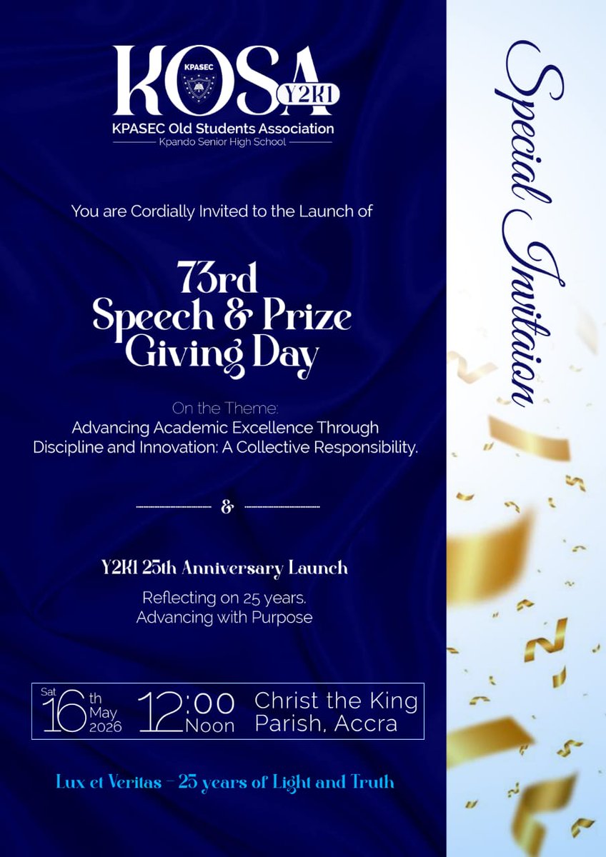 kosaglobal's tweet photo. KPASEC @ 73: Grand Launch!

Join us to make another round of history together.

Venue: Christ The King Parish
Date: May 16, 2026
Time: 12 noon
Let's come together to shine in #Light and #Truth.

#TSITSIAWO 
#KPASEC@73
#GrandLaunch https://t.co/onrT7qeDrg