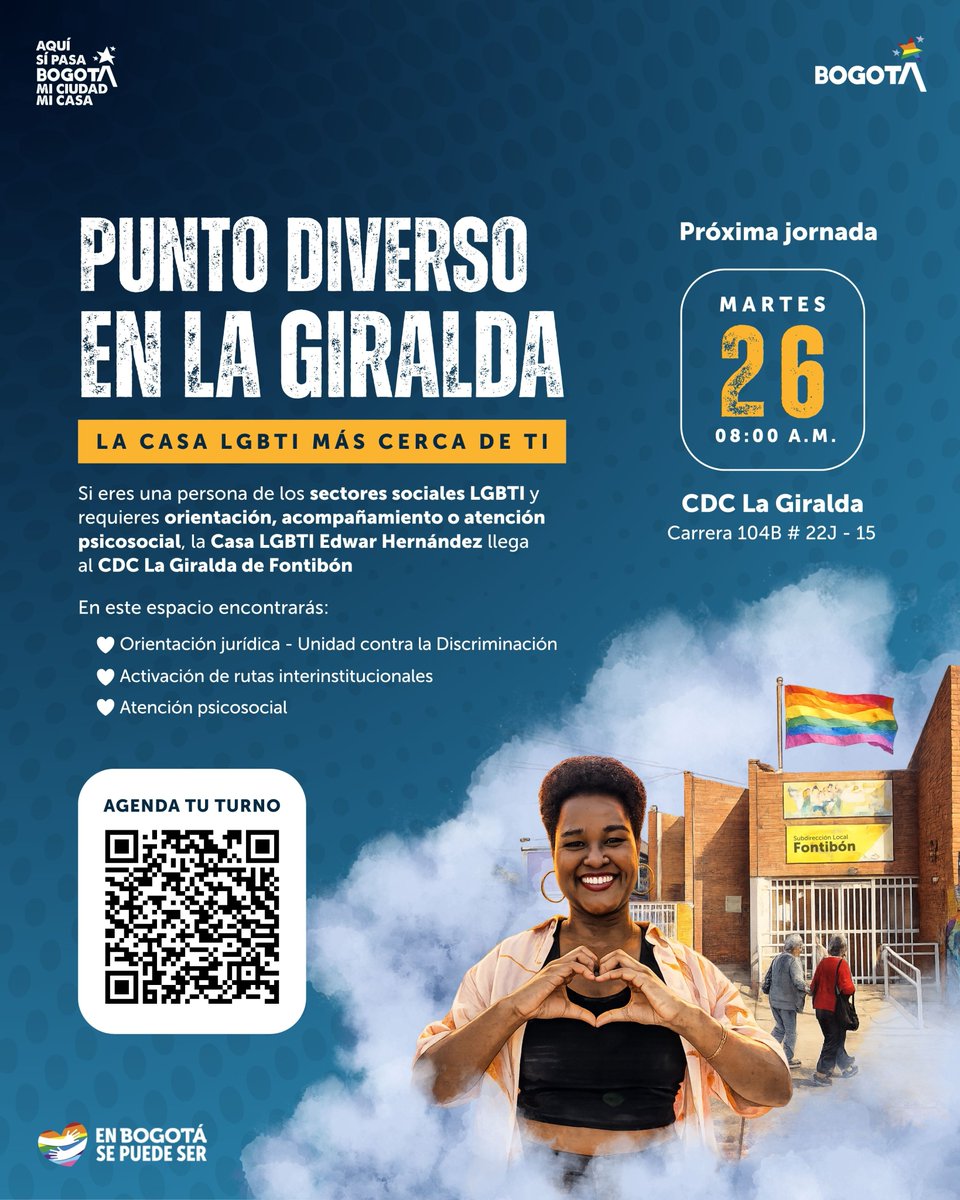 SubLGBTI's tweet photo. 🌈💜 Punto Diverso en Fontibón | La Casa LGBTI Edwar Hernández llega al CDC La Giralda de Fontibón 💜🌈

🏳️‍🌈🏳️‍⚧️ Si eres una persona de los sectores sociales LGBTI y requieres orientación, acompañamiento o atención psicosocial, la Casa LGBTI Edwar Hernández llega al CDC La Giralda de Fontibón. 🫶🏾✨

💬🌟 Te invitamos a realizar tu preinscripción para agendar tu cita: https://t.co/CRzOHNeUh8

📅 Atención mensual: último martes de cada mes

🗓️ Próxima jornada: martes, 26 de mayo
⏰ De 8:00 a.m. a 2:00 p.m.
📍 CDC La Giralda Fontibón | Carrera 104B #22J - 15

💜🫂 Un espacio de escucha, orientación y acompañamiento para fortalecer el bienestar de los sectores sociales LGBTI 🌟🏳️‍⚧️