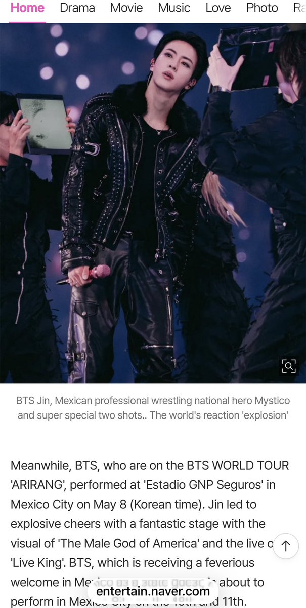 [Naver News Update 📰]

BTS Jin’s Epic Two-Shot With Mexico’s National Pro Wrestling Hero Místico Sparks Explosive Worldwide Reactions

🗣️“[Star News | Reporter Moon Wan-sik] BTS Jin visited Arena México, the sacred home of Mexican traditional professional wrestling lucha libre,