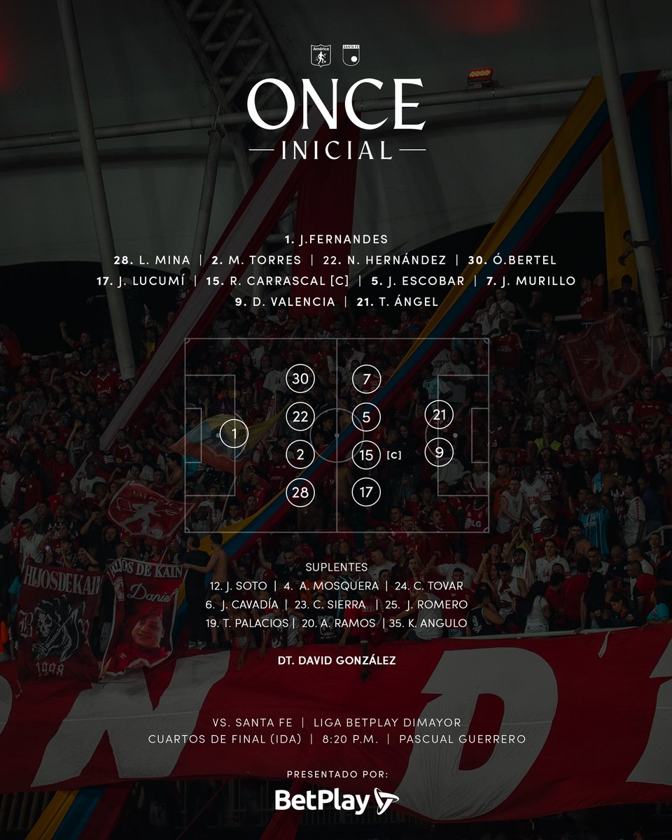 AmericadeCali's tweet photo. Así forma el América de Cali para enfrentar a Santa Fe en el Pascual Guerrero. 🔥 
👹 AMÉ vs. SFE 🦁
 ¡Vamos, Mechita! ❤️‍🔥 https://t.co/gCNF4IDb8B