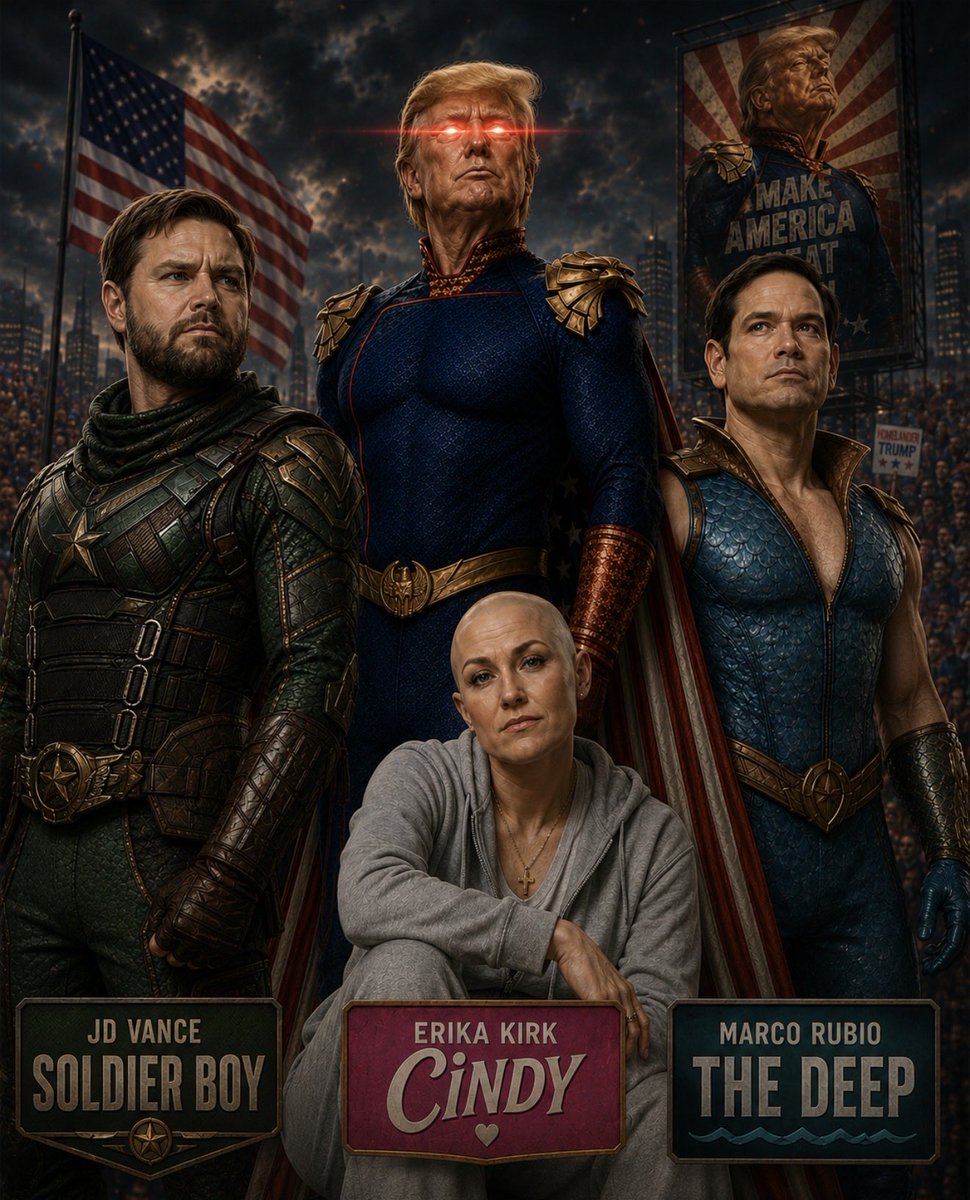 BeardTough's tweet photo. Anyone else think we're living an episode of @TheBoysTV ??? Just me? #erickakirk #jdvance #marcorubio #donaldtrump #DJTlied https://t.co/Le029rm7oD
