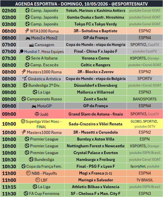 EsportesNaTV's tweet photo. A agenda esportiva deste DOMINGO (10/05/2026) https://t.co/fRS1sEjTxY