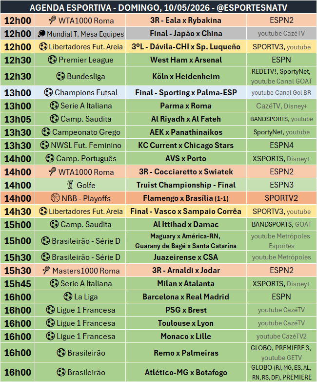 EsportesNaTV's tweet photo. A agenda esportiva deste DOMINGO (10/05/2026) https://t.co/fRS1sEjTxY