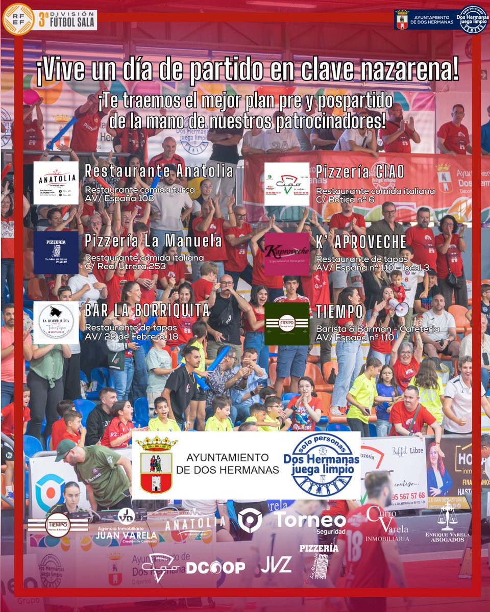 NazarenoDHFS's tweet photo. ⚔️🔥 POR FIN LLEGÓ EL DÍA, NAZARENOS, ES DÍA DE FINAL, ES DÍA DE PARTIDO 🔥⚔️

ℹ️ Y como no podía ser de otra forma, el cartel de partido es para vosotros, Nazarenos, para la @mareanazarena que luchará junto a nosotros para conseguirlo. ¡Todos de rojo, #todoalrojo! ❤️

🏆 Tercera División GXVII
2️⃣ Final Grupo Ascenso a Segunda División B
📆 Domingo 10 de mayo 
🕛 12:00 Horas
🆚 CD Decorséneca
🏠 Francisco De Dios Jiménez 
🚪 Apertura puertas: 10:30 horas 
🎟️ Entradas socio: 3€. Imprescindible presentar carnet. Entrada general: 5€
📺 Canal Youtube y @rfaf Canal 4
📸 @marcosvillafotografo 
❤️ #todoalrojo Nazarenos. 

#VolveraVolver #SomosNazarenos #SomosFutbolSala