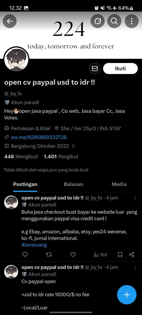 yunnkler's tweet photo. ‼️ HELP RT ‼️
penipu jasa cv paypal. nomer +6285869332728, email: Antonputraatmajaya@gmail.com, akun twt: @_by_fa (https://t.co/KPS8tlm2Dy) minimal makan uang halal lah ege, najis bet hidup cuman sekali dibuat nipu orang. ga berkah hidup lu ege.

minjem ht #zonauang #zonajajan https://t.co/rxZ5UNvWPe