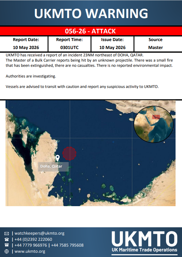 MarioNawfal's tweet photo. 🚨🇶🇦 A ship has been hit by a missile or drone in the Persian Gulf, 23 miles northeast of Doha, Qatar.

The report from the crew says it was an "unknown projectile" that caused a "small fire" which has now been extinguished.

Is Iran starting to target ships again?

Source: @UK_MTO