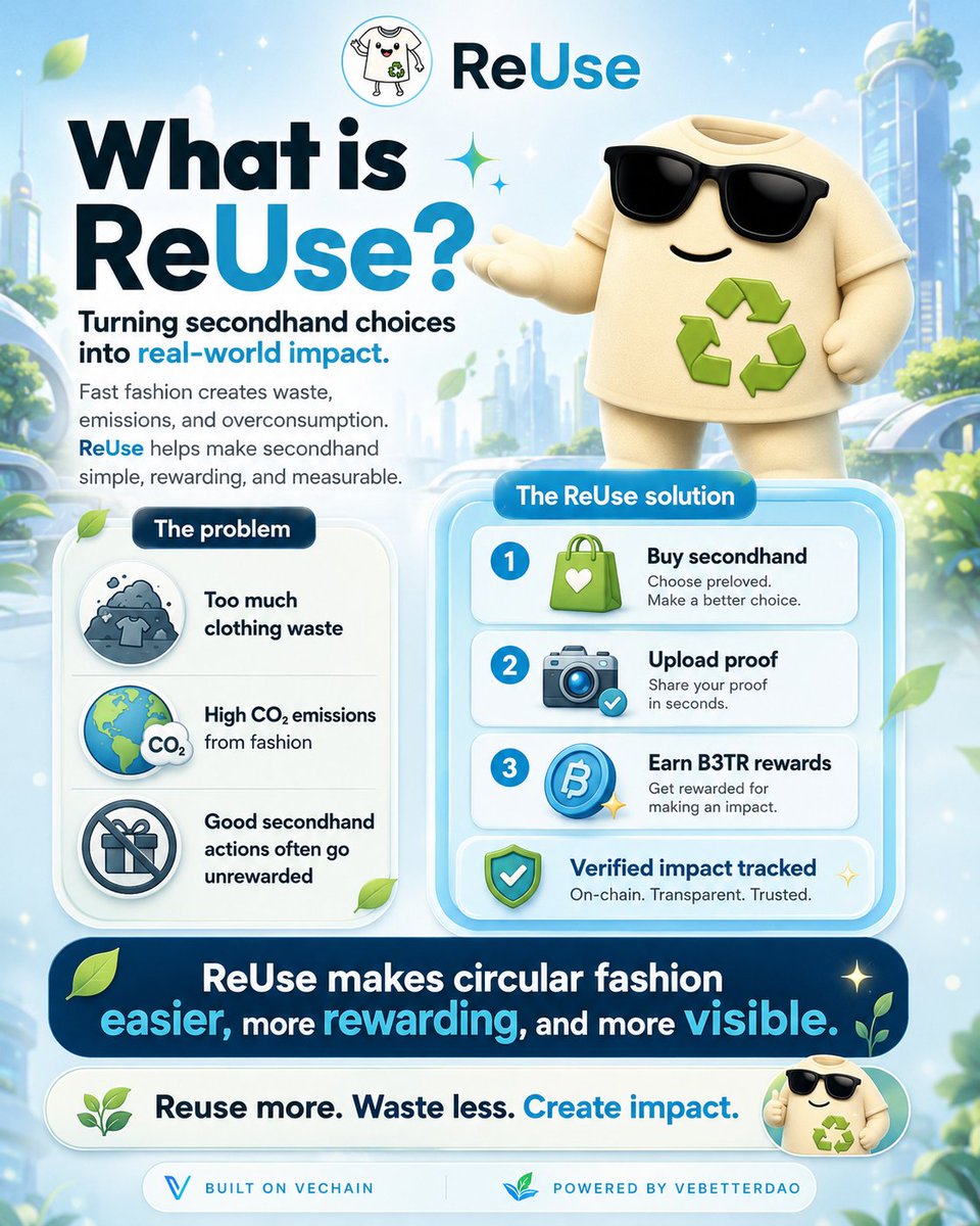 reuse_vet's tweet photo. What is ReUse? ♻️

Fast fashion creates waste, emissions, and overconsumption. Too many good secondhand actions still go unnoticed and unrewarded.

ReUse changes that.

Buy secondhand.
Upload proof.
Earn B3TR rewards.
Create verified real-world impact.

Reuse more. Waste less. https://t.co/LTe4gUeEq0