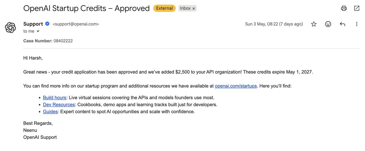 Email screenshot showing OpenAI approved $2,500 in startup API credits for an API organization through May 1, 2027
