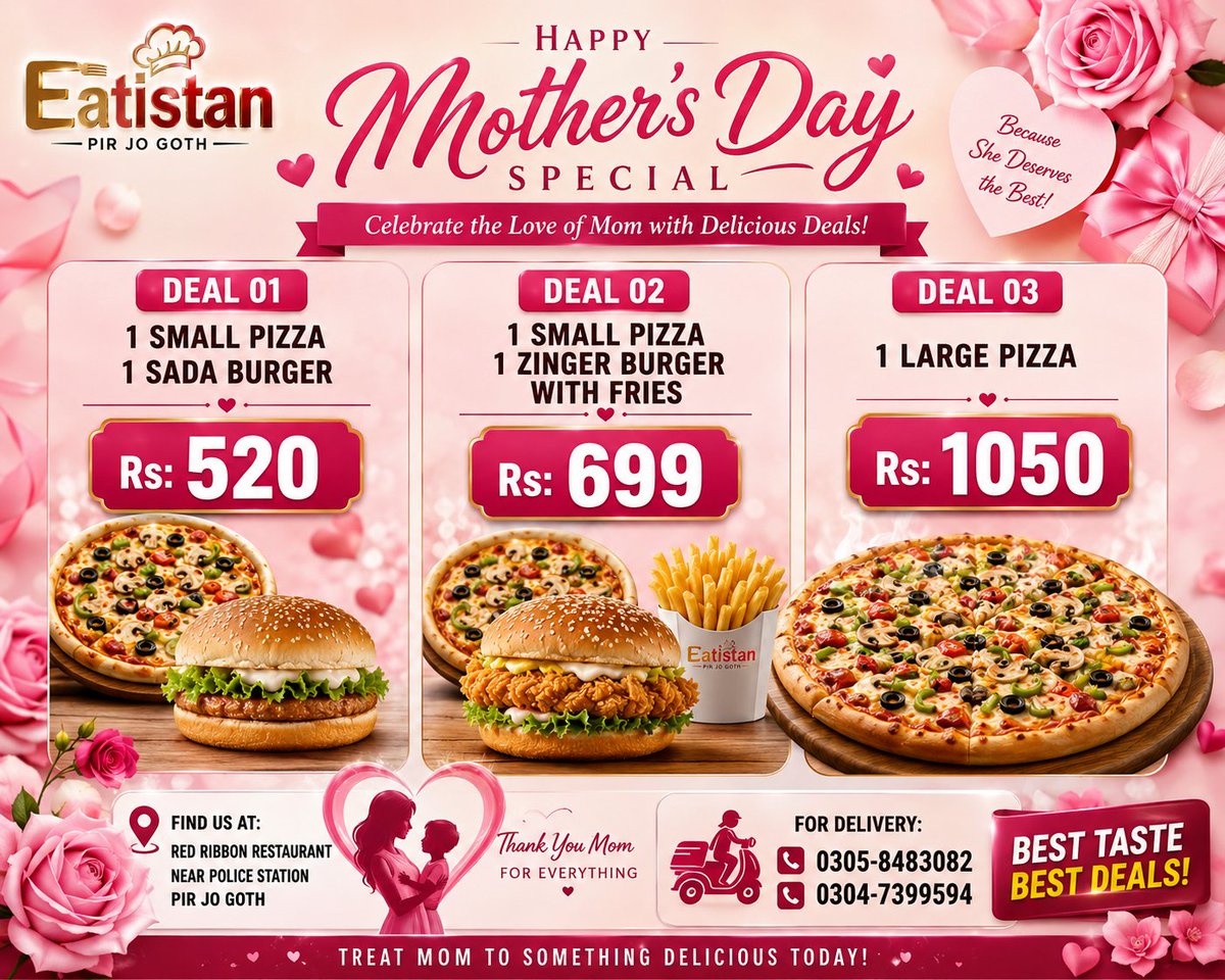 Eat_stan's tweet photo. Because she deserves more than just words.  
Celebrate Mother’s Day with flavors she’ll love, at prices you’ll love.  
Available for dine-in &amp; delivery.  

Best Regards,  
*Eatistan Pir Jo Goth*  
📞 0305-8483082 | 0304-7399594 https://t.co/GPq0Tzqh9U