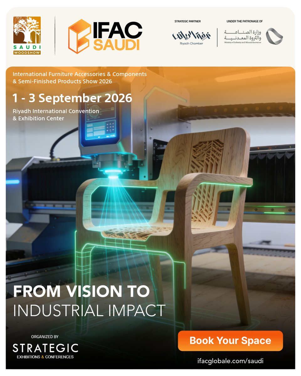 IFACGlobal's tweet photo. In alignment with Vision 2030, IFAC Saudi is shaping a more competitive and future ready furniture manufacturing sector in the Kingdom.
 1–3 September 2026
Book your Stand: https://t.co/tRkhq7vkhL 
 #MadeInSaudi #Vision2030 #IndustrialExcellence #FurnitureManufacturing #IFACSaudi https://t.co/0scnTtEiZk