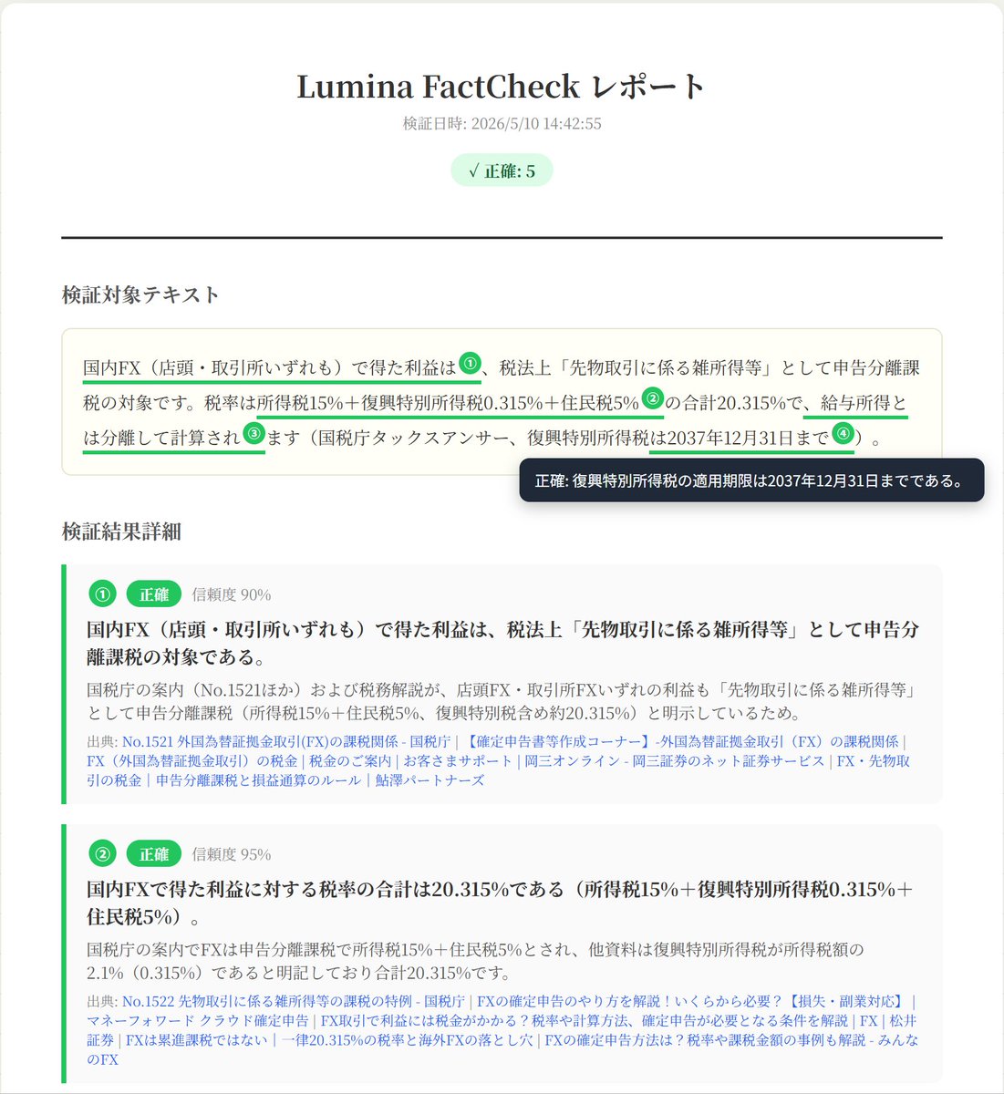 Lumina_check's tweet photo. 「ほんとにソース見たの？」と言われたとき、即答できるようにしたかった。

Lumina FactCheckにレポート出力を付けました。

検証した主張、信頼度、出典リスト、検証日時、すべてが1枚にまとまります。

「ちゃんと調べた上で話してる」を証明するための道具として。 https://t.co/5NZhDcdI4y