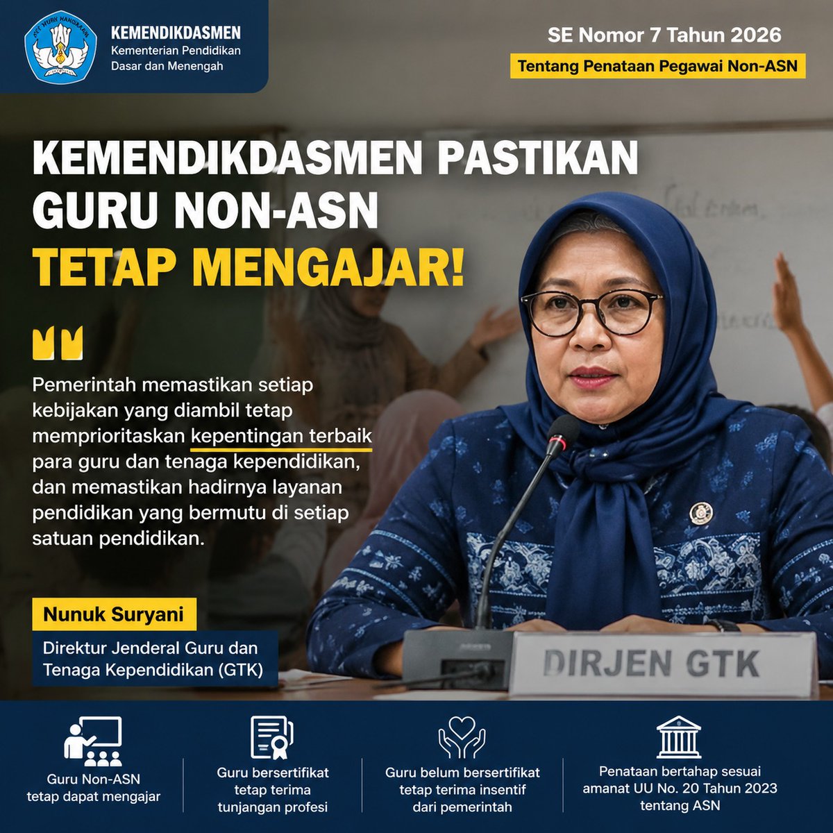 fendiandol5's tweet photo. @penduduk_lokal_ Kemendikdasmen memastikan guru non-ASN tetap mengajar usai terbitnya SE Nomor 7 Tahun 2026. Pemerintah juga menjamin kesejahteraan dan keberlangsungan layanan pendidikan tetap terjaga.
#GuruHonorer
#GuruNonASN
#Kemendikdasmen
#Pendidikan
#ASN2026 https://t.co/IjGAfO5scg
