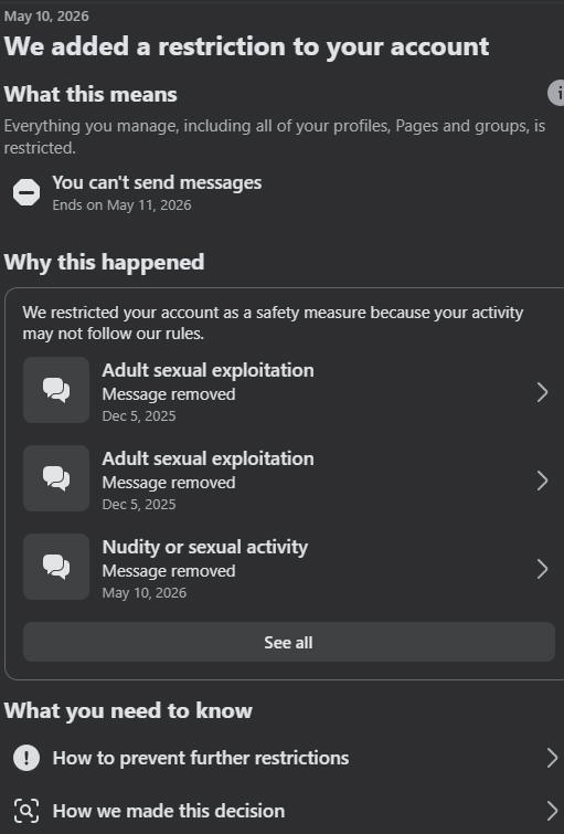 ReikuTohno's tweet photo. Hey, @facebook I got flagged and muted for sending a Dhalsim Yoga Inferno image in a Group Chat.

I noticed because it was deleted. I can't figure out the other images cuz I can't see them because it 'totally makes sense' to not show the evidence.

Just wanted to rant. https://t.co/xhfWm5VO1F