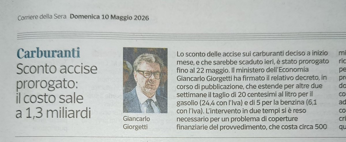 ominodellaluce's tweet photo. CARO CARBURANTI ⛽🔥
Prorogato da oggi al 22 maggio il taglio delle accise (a pioggia ☂️) sui carburanti (24,4 c€/l gasolio; 6,1 c€/l benzina).
Il conto totale della misura sale a 1,3 miliardi di euro.
via @Corriere
💸💸💸 https://t.co/MPMNXplE1W