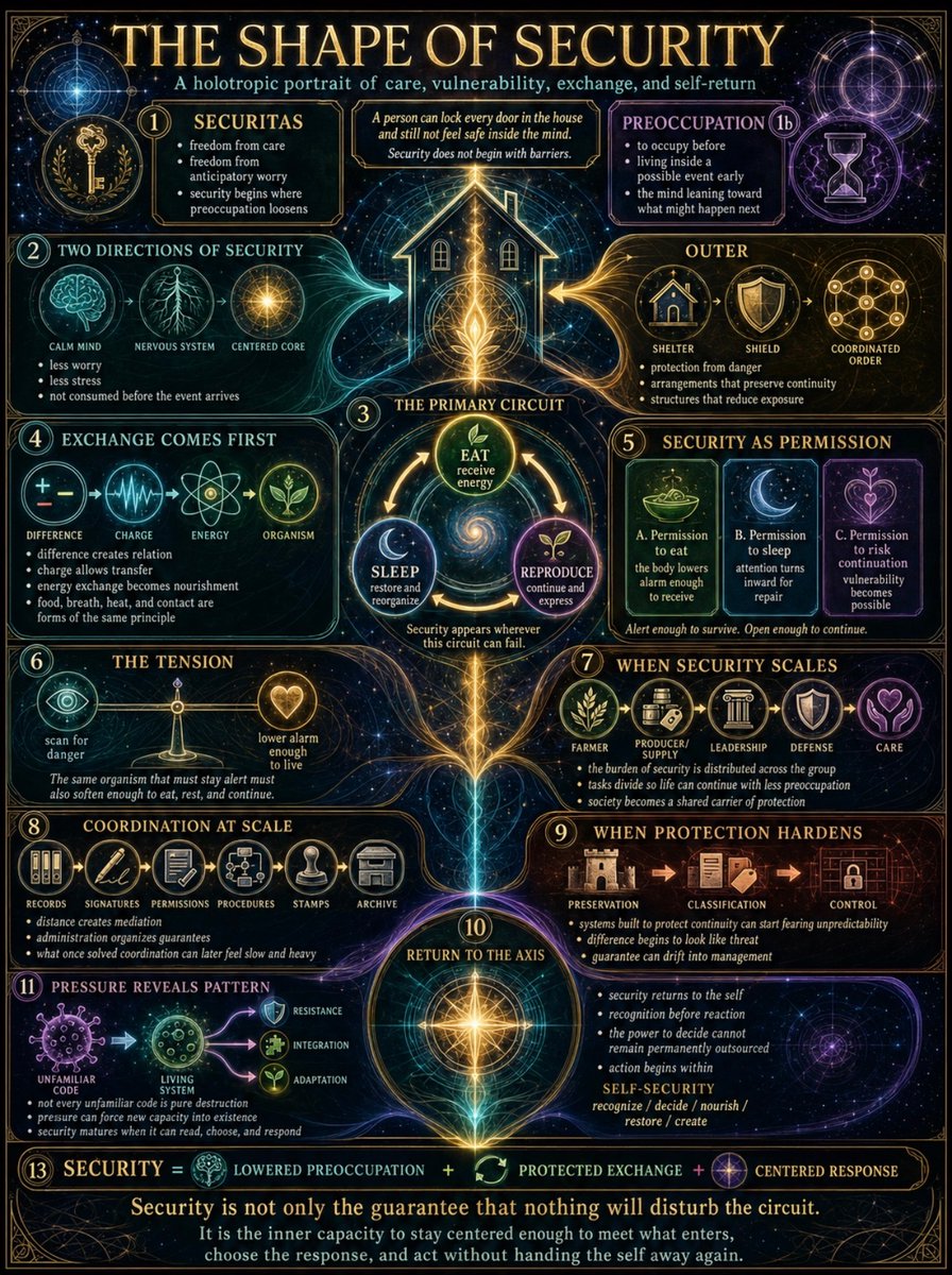 sacred_chakra's tweet photo. A person can lock every door in the house and still not feel safe for one full minute inside their own head.

That is why security does not begin with barriers. Before law, before government, before police, before systems, the word is already pointing at something more basic. It points at the burden of preoccupation.

Security comes from the Latin word securitas, which means freedom from care. It carries the sense of being apart from worry, apart from the need to mentally enter a problem before it arrives. Preoccupation is exactly that. To occupy before. To stand inside the possible event ahead of time and begin living there early.

Security is not only protection. It is the point where the mind no longer has to keep leaning toward what might happen next.

The word moves in two directions at once. One direction is inside, the individual. The other is outside, beyond society. The same word moves through both, yet it does not do the same work in each. Inside, security means not being consumed before the event arrives. It is the freedom from worry, from stress, from anxiety. Outside, it becomes the arrangement meant to keep danger away. Either way, the need has to be traced back. Each individual makes a society, yet the force of security reaches even beyond that.

Life does not begin with theory. It begins with need.

The basic circuit is simple. Eat. Sleep. Reproduce. Security rises out of those three. It appears wherever those three can be interrupted.

Eating matters because life must receive energy. Something outside has to enter, break down, transform, and become usable. Without that exchange the system cannot continue.

Sleep matters because the system cannot remain extended forever. It has to return, restore, and reorganize itself. The moment it turns inward, it becomes exposed.

Reproduction matters because life does not only preserve the present body. It pushes continuity beyond it. The moment continuity appears, vulnerability appears with it.

Security appears wherever life depends on an exchange that can fail.

Energy moves through exchange. Waves carry different frequencies. Those frequencies express through positive and negative, through tension, contrast, and relation between states.

Positive and negative are not just symbols on a page. They are the first motion of exchange, the first electrical pulse of relation, the first way energy begins to move from one condition to another.

When that movement condenses into particles the same pattern remains. Charge, attraction, repulsion, transfer. One particle relates to another through difference. That is the first exchange of energy in the universe, long before bodies exist, long before anyone calls it nourishment.

The pattern expands. Particles multiply. Structures become more complex. Atoms gather into larger arrangements and those arrangements become larger storages of energy. The moment energy becomes stored, something has to arise that can consume it, receive it, transform it, and use it.

Eating is that movement. Not only the human act of putting food in the mouth. At the base, eating is energy exchange. To nourish is to take something from outside and turn it into the continuation of the system.

What the body does with food is not disconnected from what particles do through charge. It is the same movement at another level of complexity. Electrons and protons exchange energy in one form. Organisms exchange energy through feeding, breathing, absorbing, digesting. The form changes. The base does not.

Creation depends on exchange. Food is one form. Breath is one form. Light, heat, contact, intake. The object changes, but the principle remains. Energy moves, enters, changes state, and becomes usable.

After exchange, positive and negative seek balance. The charge stabilizes. The system has taken in what it needs. Now the movement changes. It cannot keep consuming without pause. It has to settle and work with what entered.

From the human side that moment is sleep. Sleep is not emptiness. It is restoration. Energy has entered, so the work moves inward. The body grows still outside because the real labor is happening within.

What was received has to be reorganized. The system repairs, sorts, integrates, restores, and prepares a structure no longer identical to the one before. Not entirely new, but forever changed by what it received.

Reproduction begins when what was processed inside cannot remain inside only. What entered, what was broken down, what was reorganized now moves outward again. The system expresses what it made from within.

That motion is bigger than sex. Biology made sexuality one powerful way to keep the circuit moving, but the deeper motion is broader. Reproduction is continuation, multiplication, manifestation, the movement from within toward outside expression.

Eating brings energy in. Sleep processes what entered. Reproduction sends the processed structure outward.

None of that can happen without one more condition. The being has to feel protected enough to enter the circuit at all. Shelter, boundaries, stability, enough protection for the body to stop spending every second on possible threat. That is the hidden support underneath the three needs.

A body can be inside a house and still not feel secure. Food can be near and the body can still stay tense. A bed can be present and the nervous system can still refuse rest because it has not accepted that danger is gone.

Living beings are built to read the environment constantly. Sound, movement, temperature, absence, presence, change. The nervous system interprets because any shift outside may matter. Something outside may feed the body. Something outside may end it.

The alarm stays active. It keeps asking what changed, what moved, what is coming. That state helps life survive, yet it also steals the very conditions life needs in order to continue. The same organism that must stay alert must also lower that alertness enough to eat, sleep, and reproduce.

Eating is one of those exposed moments. Attention narrows. The body is no longer only watching outside. It is receiving, breaking down, and beginning the work of turning outside energy into continuation. The system must sense that nourishment will not become the moment of attack.

Security becomes permission to eat. Not permission from a ruler. Permission from the environment. Enough sensed protection for the body to lower part of its alarm and fully receive what it needs. Without that, eating becomes tense and incomplete.

After energy enters, the brain shifts its labor inward. It works with digestion, circulation, elimination, distribution. It moves the new energy through the organs, decides what can be used, what must be removed, what must be repaired. That inner work cannot happen fully while the system is still scanning every shadow.

Sleep requires a temporary drop in outward alarm. The body grows still because attention has been reassigned to restoration.

Reproduction is even more exposed. The body spends energy. Attention flows into sensation, contact, continuation. The brain is no longer relating to the whole environment in the same way. It is drawn into what the body is doing and feeling.

A being has to feel protected enough to risk vulnerability. Every living being in nature has been shaped around this tension. Alert enough to survive, yet able to lower alertness enough to continue the circuit of life.

Biology lives inside contradiction. Every animal reads the world for what can kill it and what can protect it. Every second carries some measurement of threat, distance, access, warmth, continuity. The organism keeps assigning energy to survival.

Humans begin creating an outer tool to carry part of that burden. That tool is society. It is humanity distributing the labor of security across the group so that eating, sleeping, and reproduction can happen with less preoccupation.

Tasks divide. Some handle food. Some protect the weak. Some produce. Some organize. Some lead. Some defend. Each function carries part of the burden so the whole group does not have to hold every threat at once.

The farmer connects to food. The producer connects to supply. Leadership connects to direction. The military connects to protection. Each becomes a kind of guarantee that the group can continue.

As society grows, distance grows with it. The individual becomes farther from the person responsible for each guarantee. Security can no longer be carried only through direct relationship. Another layer appears to coordinate the promises across larger populations. That layer is bureaucracy.

Bureaucracy appeared because there were too many people, too many exchanges, too many responsibilities moving at once. The desk, the records, the signatures, the permissions, the procedures, all of it became a way to coordinate security at scale. At one time it solved a real problem.

People mostly experience it now as delay, repetition, and distance, so they assume it was broken from the beginning. But in another environment it worked. It gave larger societies a way to organize guarantees that direct contact could no longer carry.

The structure feels unbearable today because the environment changed faster than the structure did. Communication moves instantly. People carry networks in their hands. Layers of mediation that once made coordination possible now feel slow, heavy, and disconnected from the speed of the world they are trying to govern.

Underneath it all the same promise remains. Security as guarantee. You will eat. You will sleep. You will be protected. You will be able to continue. We will organize the conditions for you.

That promise becomes institutional. It requires administration. Someone writes the paper. Someone signs it. Someone stamps it. Someone verifies it. Someone archives it. Every added guarantee produces another layer of maintenance around the guarantee itself. All those people must live too.

Taxation appears logically inside the structure. The system must feed the people whose work maintains the guarantees society depends on. At that level the system makes sense.

The problem enters later. The same authority that guarantees access to the three needs slowly gains the power to define those needs for everyone else. It begins deciding what counts as proper food, proper rest, proper production, proper participation, proper behavior inside the order it manages.

What does not fit the structure begins to look dangerous to the structure. Not because every difference is truly destructive, but because a system built around preservation naturally reads unpredictability as threat.

Divergence starts getting treated like infection. The structure created to preserve continuity begins identifying whatever it cannot classify as danger to continuity itself. Then the same forces built for protection can be redirected toward containment.

People blame the tools as if the tool itself created the distortion. Money is not automatically the problem. The meaning assigned to value becomes the problem. Military and police are not automatically the problem. The deeper question is who directs them and toward what purpose.

Protection and control are not the same thing. Military structures are built around preservation. Their function is to defend, stabilize, and protect what already exists. That does not make them evil. It means they are shaped for continuity.

Continuity alone cannot guide the whole movement of a civilization. A civilization also has to adapt. It has to reinterpret. It has to remain open to what does not yet fit the current form. A structure trained mainly to preserve order will tend to read new forms through the language it already knows.

Threat.
Disruption.
Instability.
Danger.

The same systems humanity created to protect the conditions of life can harden into systems that resist transformation because transformation looks too much like interruption from inside a preservation logic.

People hand over power over the three primary needs. Others decide access to food. Others organize the terms of rest. Others regulate production, continuity, and participation. Gradually. Through the promise of security.

The way out is not to destroy every structure from reaction. That would still leave the same wound in charge. The deeper shift begins somewhere harder than rebellion.

Security has to return to the self. To come back to the axis. To accept who you are, not as a slogan, but as a living position from which action becomes possible. The power to decide what to eat, how much to sleep, and what to produce cannot remain permanently outsourced.

That is self-security. Not performance. Not posture. Recognition. Action can begin within instead of waiting for permission from structures that were originally built to protect life, not replace the center of it.

This does not require fighting everyone. It does not require becoming the opposite of the system. The movement is simpler and harder than that. To refer back to oneself. To know that within there is the capacity to act, decide, manifest, and move without fear having to command the whole process first.

Pressure reveals patterns. War stops being only conflict and becomes confrontation with pattern. It shows what a system protects, what it fears, what it attacks, what it cannot absorb.

I am aware of every pattern.

Once a pattern is seen, it does not control in the same way. It may still exist. It may still apply force. But it no longer hides so easily inside ordinary structure.

A virus stands near the border between living and dead. It carries code, but it needs a living system to multiply. It enters the machinery already there and uses it to spread. Systems fear it because it appears as invasion, as contamination, as something that must only be rejected.

Yet viral pressure has pushed adaptation, activated dormant capacities, and forced living systems to develop responses they did not need before. A system that only knows how to preserve itself will see every unfamiliar code as pure threat. Life does not evolve only by sealing itself shut. It evolves by learning what must be resisted, what can be integrated, and what new capacity pressure is forcing into existence.

Security is no longer just the guarantee that nothing will disturb the circuit. It becomes the inner capacity to stay centered enough to meet what enters, read the pattern, choose the response, and act without handing the self away again.