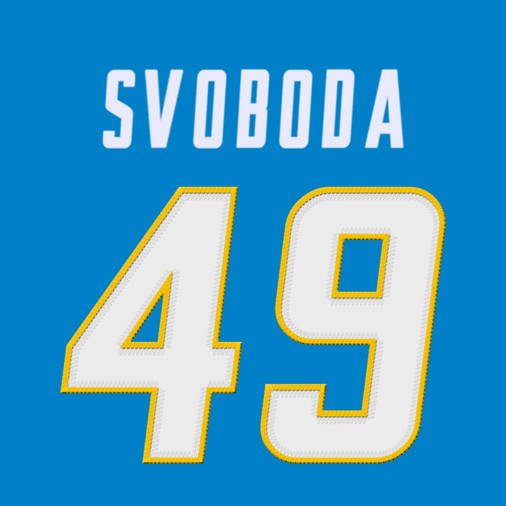 nfl_jersey_num's tweet photo. Los Angeles Chargers TE Evan Svoboda (@EvanSvobodaQB17) is wearing number 49. Currently shared with Niles King. #BoltUp https://t.co/8432IJy8ZL