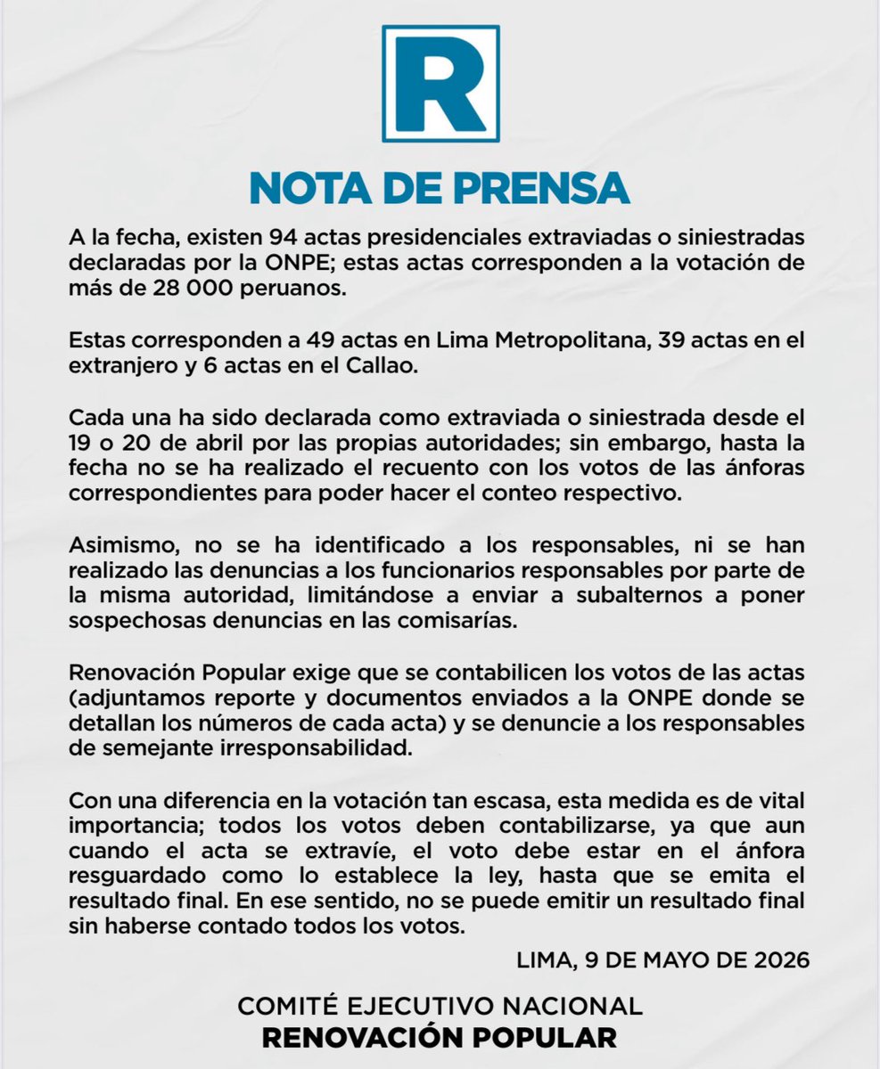 🚨ESCÁNDALO🚨
NUEVA PÉRDIDA DE ACTAS SEPULTA LA CRISIS ELECTORAL

94 actas con 28Mil votos figura en ONPE como “extraviadas” ó “siniestradas”, y son votos sin contar.  

La ONPE solo ha hecho denuncias policiales “sospechosas” sin identificar responsables

NUEVAS ELECCIONES YA !