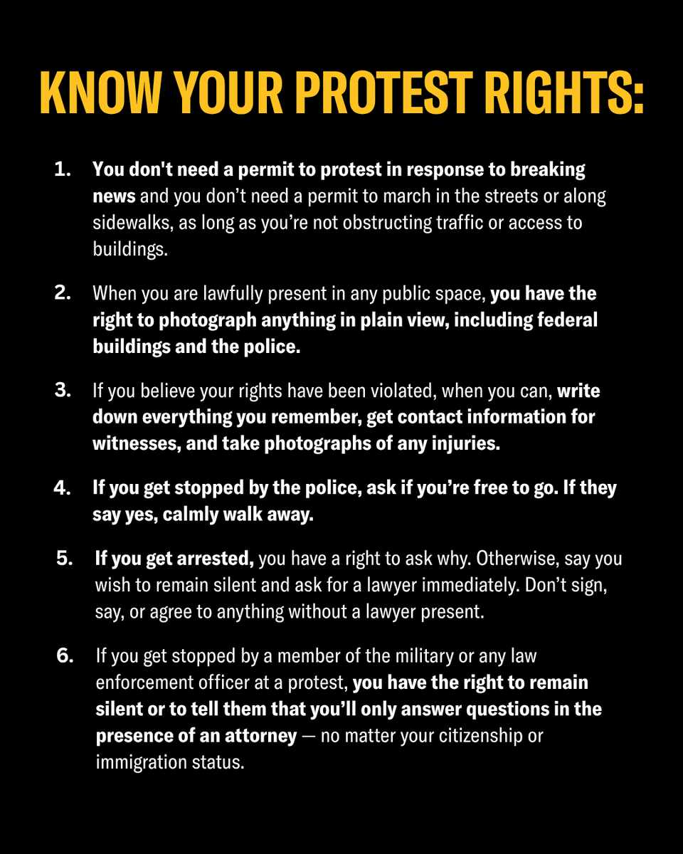 CarolinaForAll's tweet photo. Know your rights.
Protest. Record. Stay silent. Protect yourself.
Knowledge is power—share it.
#KnowYourRights #CarolinaForAll https://t.co/j3C3v5UpX5