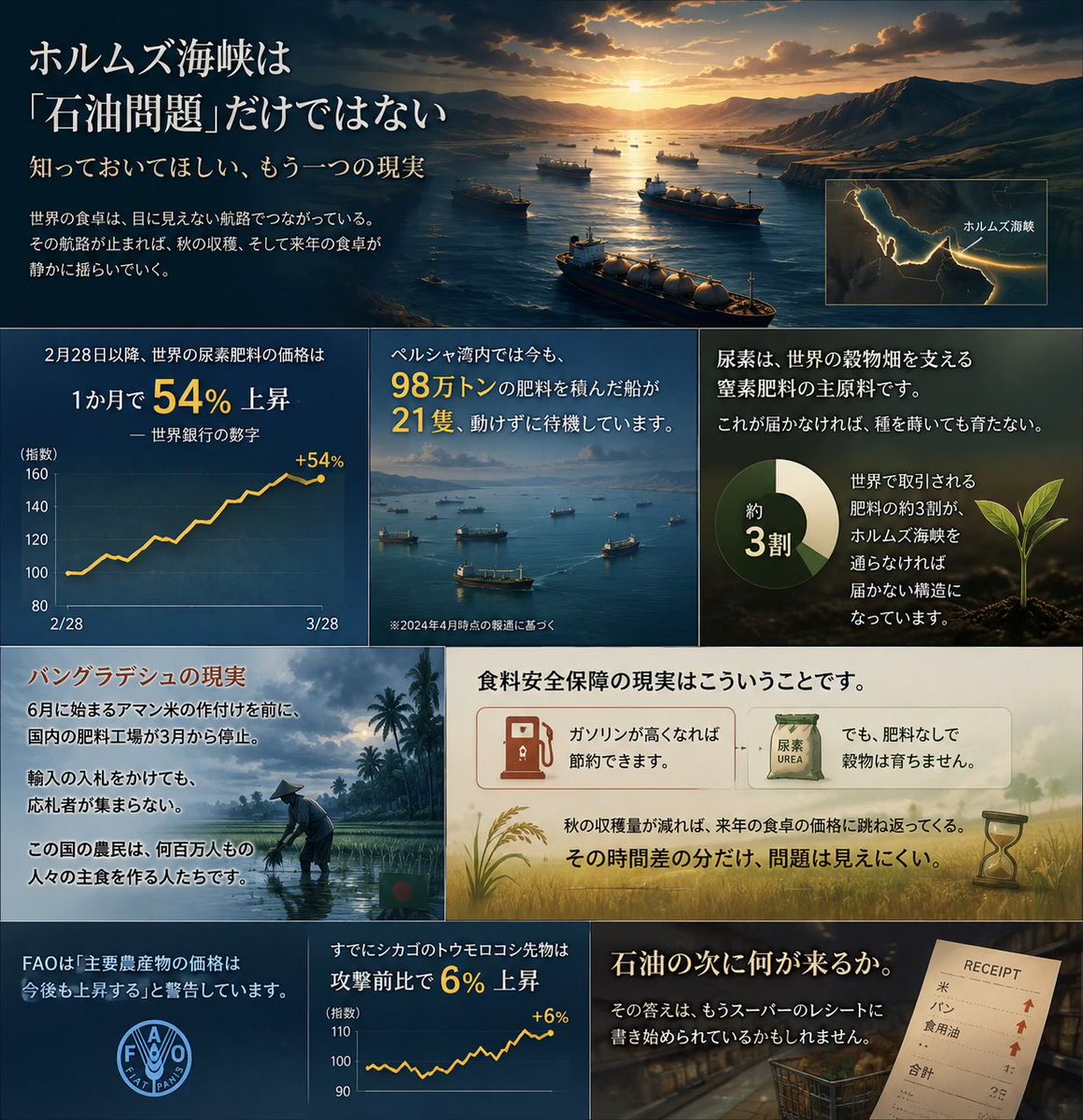 ホルムズ海峡が「石油問題」だと思っている人に、知っておいてほしいことがあります。

2月28日以降、世界の尿素肥料の価格は1か月で54%上昇しました。世界銀行の数字です。ペルシャ湾内では今も、98万トンの肥料を積んだ船が21隻、動けずに待機しています。