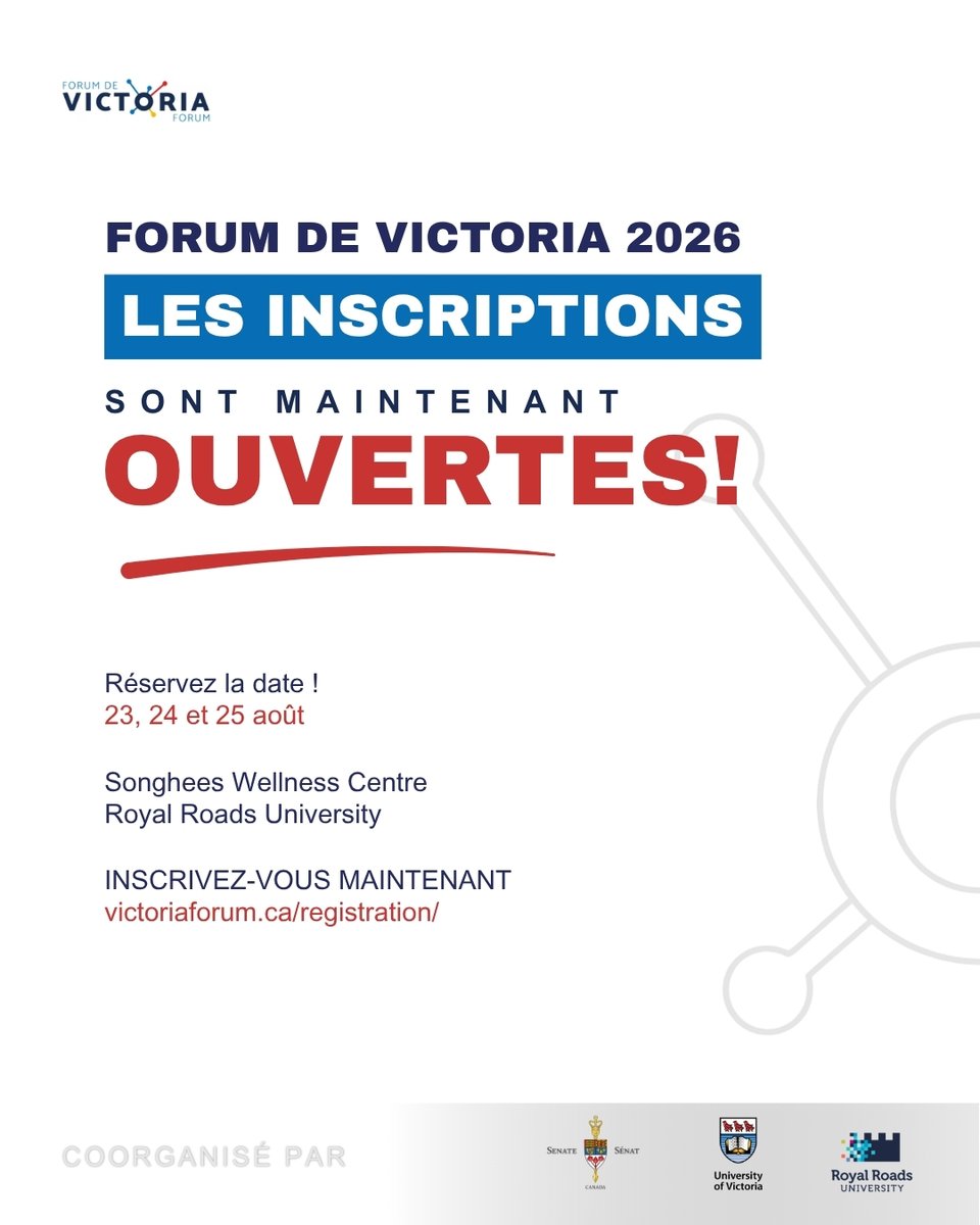 Victoria_Forum's tweet photo. Les inscriptions au Forum Victoria 2026 sont maintenant ouvertes ! 

Joignez-vous à des leaders, étudiants et innovateurs du monde entier pour des conversations qui façonnent notre avenir collectif. À bientôt en août !

Inscrivez-vous : https://t.co/F3KEUS5Jv4 https://t.co/a2m288DhMJ