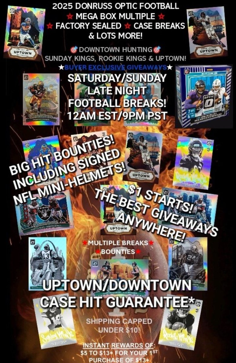 TresorSports's tweet photo. 2025 #Donruss #Optic #NFL #Football Mega #CaseBreaks

Come #Downtown Hunting With Us!

20 Mega Box Case!
•3 #RatedRookie Blue Hyper/Box
•#Autographs &amp; Huge Bounties!

#FootballCards #TeamBreaks #thehobby #SportsCards 

SAT/SUN - 12AM EST/9PM PST
#whatnot
https://t.co/cR0feFTMQc https://t.co/QD0DgOKk6K