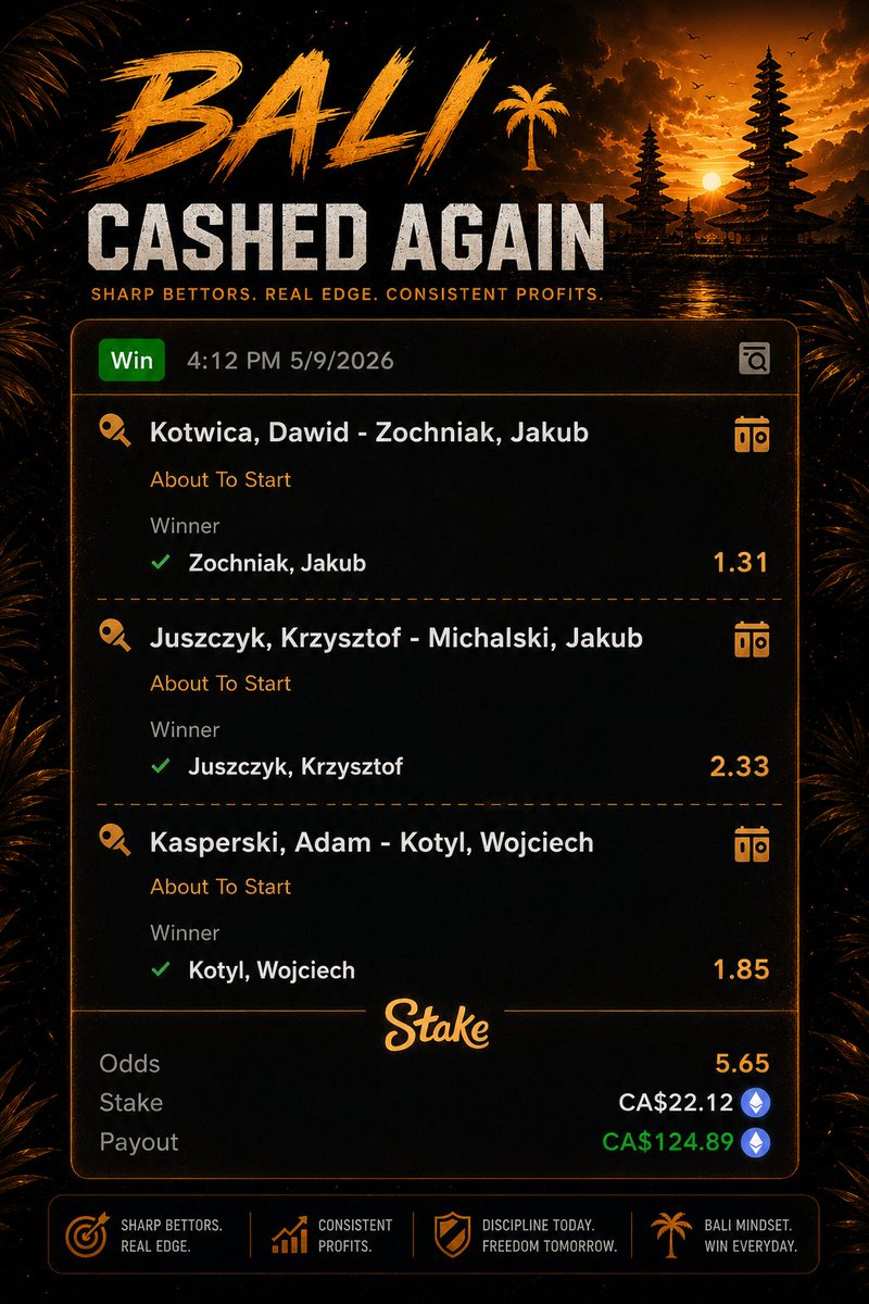 WagerSports_'s tweet photo. Another clean sweep on the board and the momentum keeps building. Bali mindset — stay sharp, stay patient, stack results. ⚡️ https://t.co/CWmfs06q2e