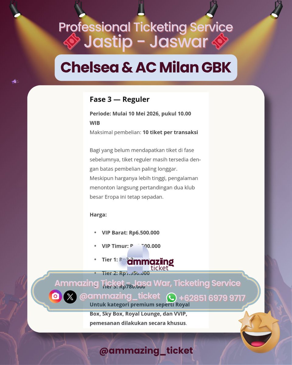 OPEN JASA WAR JOKI CHELSEA AC MILAN GBK 🎟

🪪 menggunakan data pribadi 
💳 pembayaran mandiri (kirim VA ke cust)
🗳 fee war setelah dapat tiket

🔗 booking langsung WA link bio ya!✨️

t. wts wtb chelsea ac milan gbk jasa joki war zona uang sepak bola pss kerja konser nonton