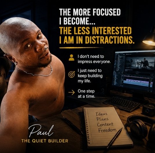 okenyepaul_'s tweet photo. The more focused I become…

The less interested I am in distractions.

I don’t need to impress everyone. I just need to keep building my life.

One step at a time.

#StayFocused #QuietBuilder https://t.co/OBA4sxDobI