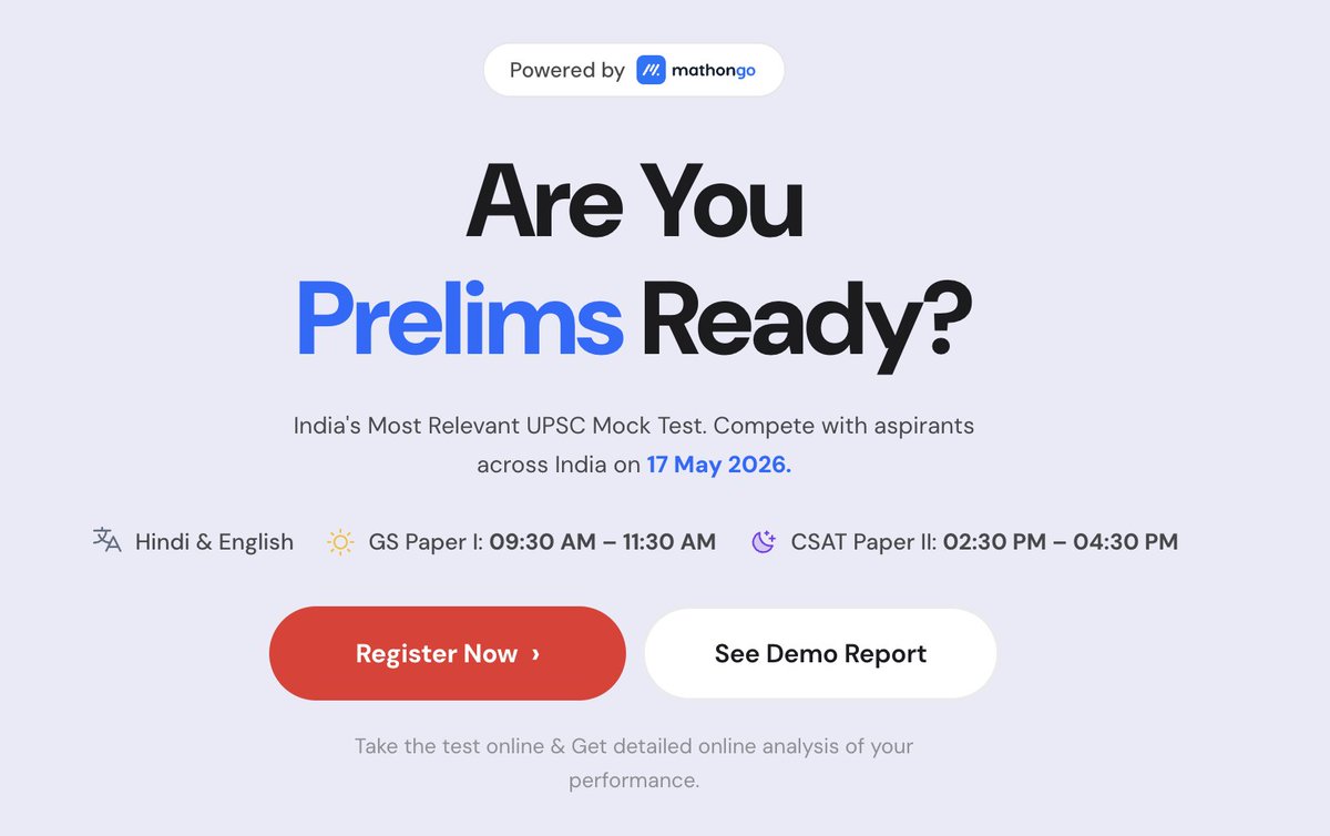 getmarks_upsc's tweet photo. This has to be your last mock before Prelims. Why?

Check the Demo Analysis PDF and you’ll see how this mock doesn’t just give marks, it gives you your final exam-day strategy.

📝 FREE Registration Started.
Comment anything for the Link👇🏻 https://t.co/YfUqQX41YU