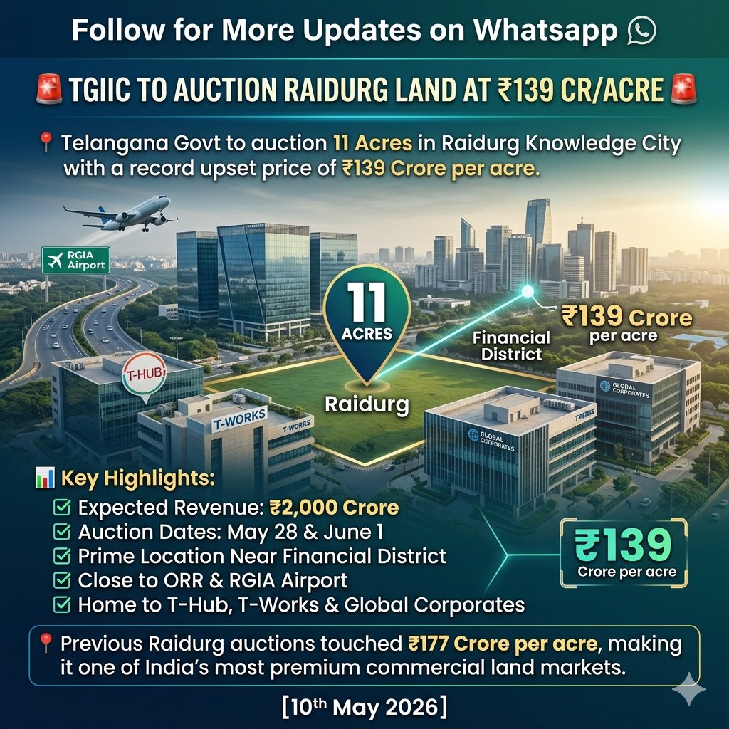 LandLogic14893's tweet photo. Follow for More Updates: https://t.co/GytA3CcRBM

🚨 TGIIC to auction 11 acres in Raidurg at ₹139 Cr/acre upset price.

📍Expected Revenue: ₹2,000 Cr
📍Previous auction touched ₹177 Cr/acre

#HyderabadRealEstate #Raidurg #FinancialDistrict #TGIIC #Hyderabad #LandLogic https://t.co/2ojyCkqnsw