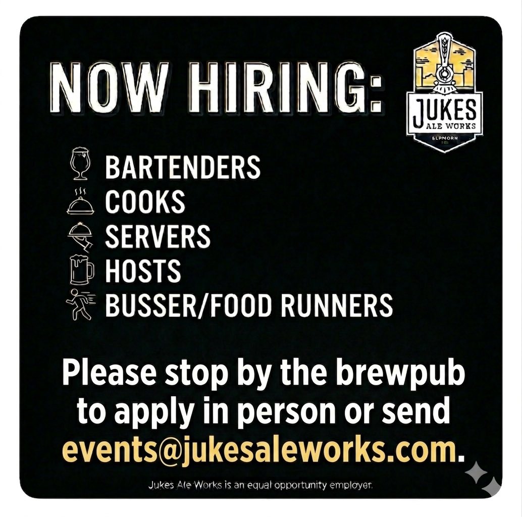 JukesAleWorks's tweet photo. We are hiring at Jukes Ale Works. Please apply if you are looking for a fun place to work. https://t.co/YvfQAoXjYI