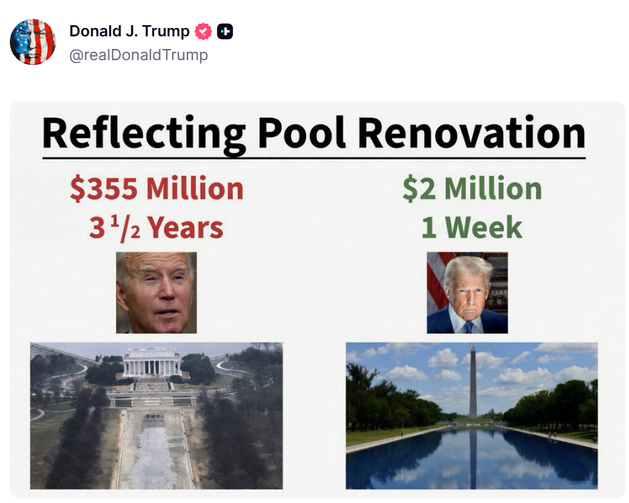 trumpchinese1's tweet photo. 倒影池改造工程
拜登：3.55亿美元，3年半
特朗普：200万美元，1周 https://t.co/Puyf5tiuLw