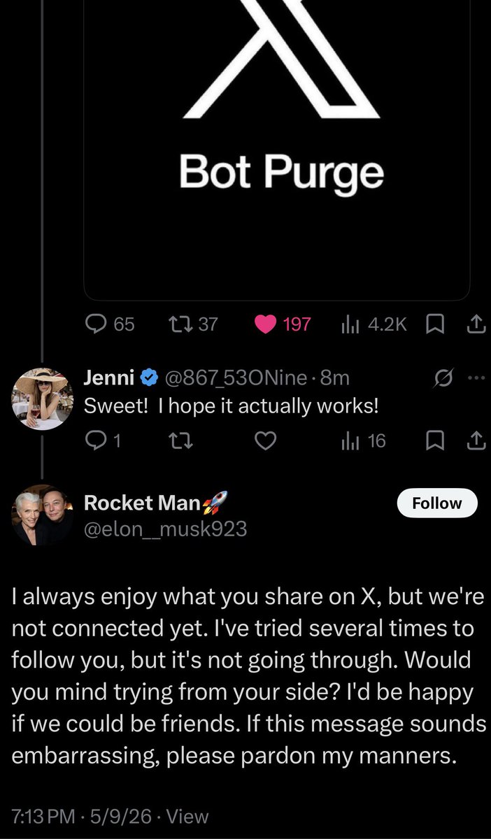 867_53ONine's tweet photo. Hmmm… it doesn’t look like the bot purge worked 😂

A faux Elon responded within minutes 🤦🏻‍♀️

#botpurge #x #fail https://t.co/whx3xL7PeU