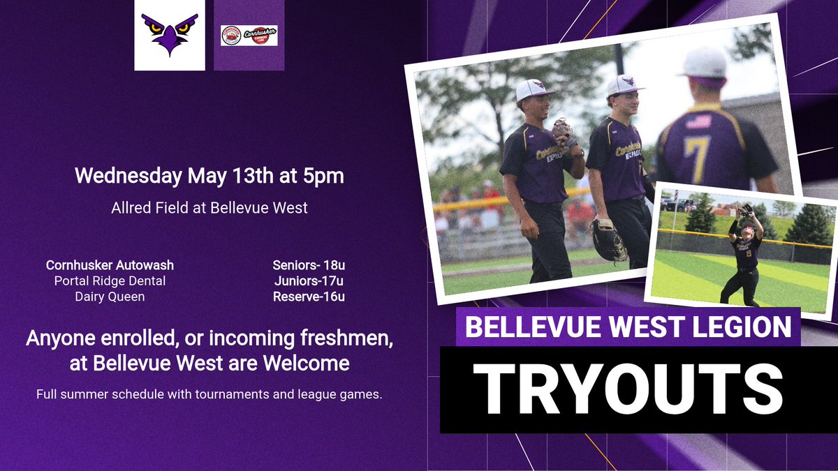 T_BIRDSBASEBALL's tweet photo. Summer Tryouts coming up fast.  Join us on Wednesday for Legion Tryouts.  Anyone interested in playing for Bellevue West this summer please attend.  #GoBirds https://t.co/q28HcqQQ04